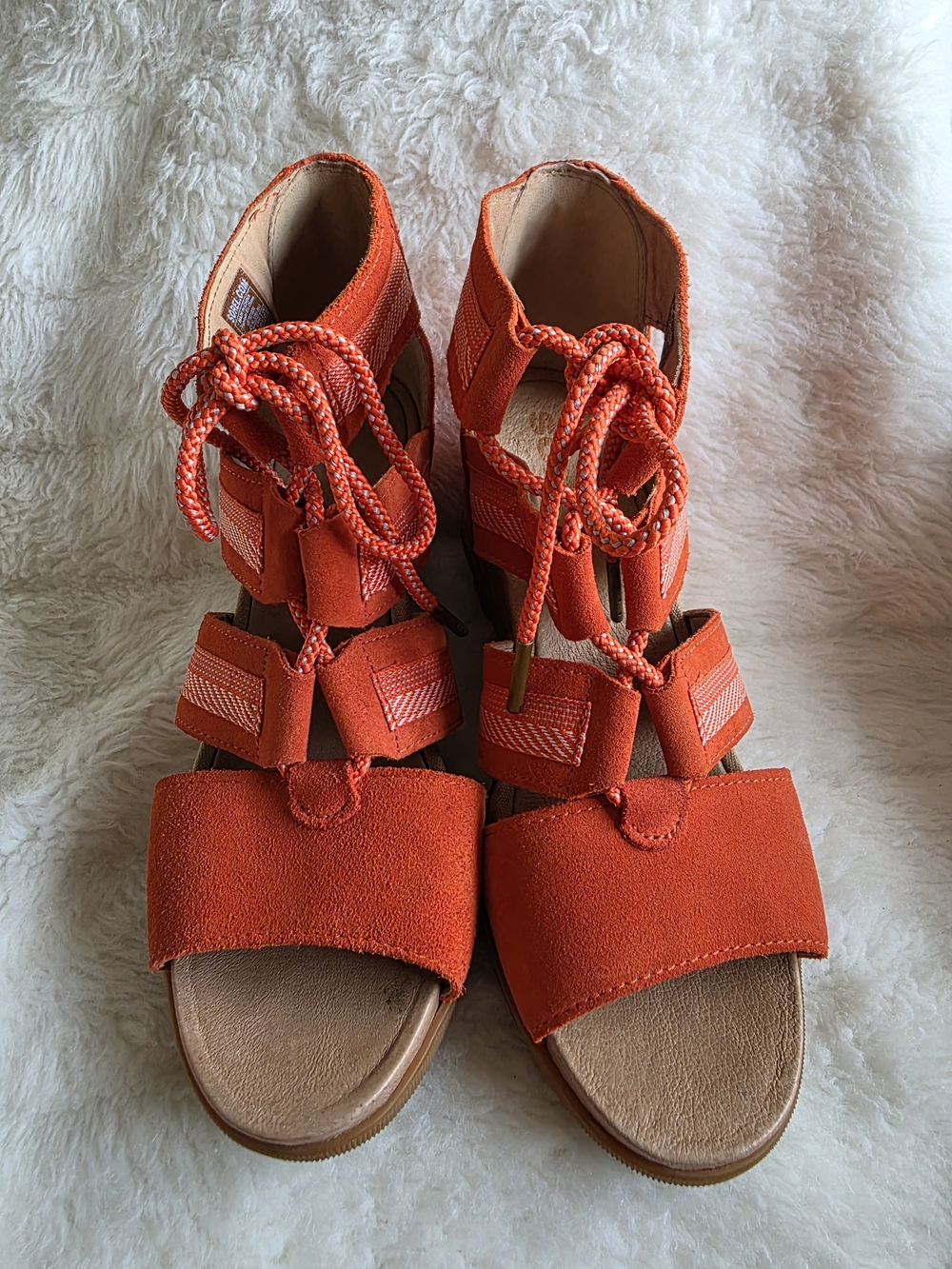 Sorel Orange Suede Lace-Up Strappy Wedge Sandal - Picture 2 of 8